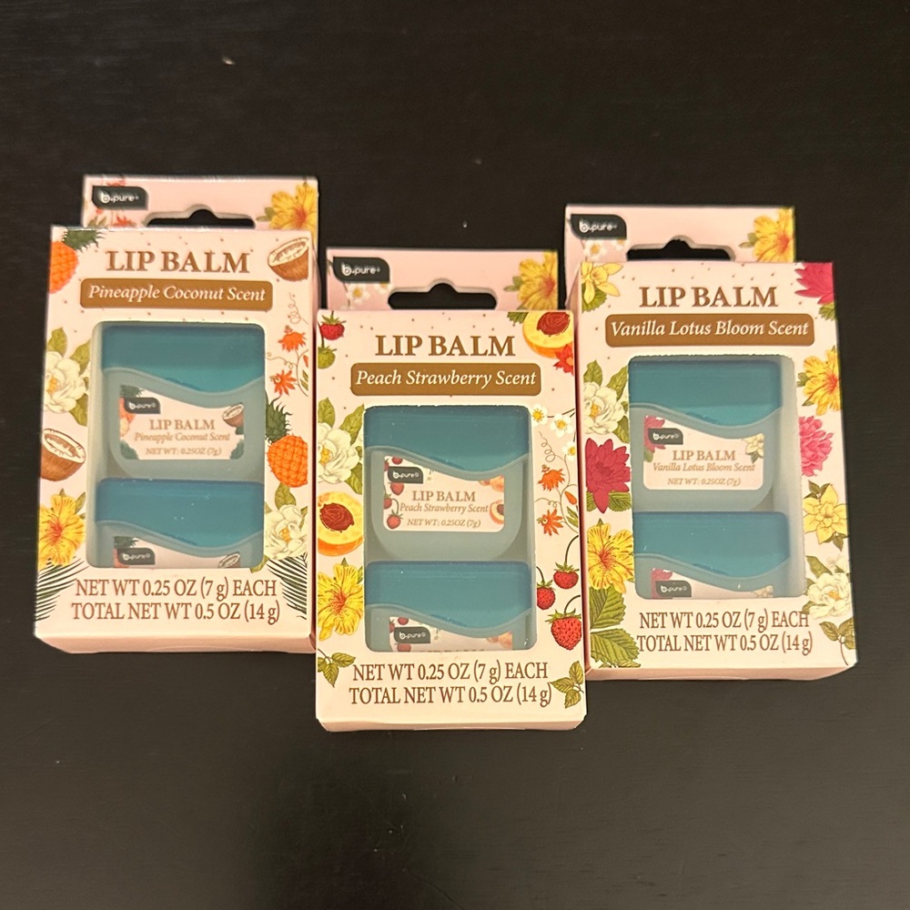 B.pure Lip Balm Trio Pineapple Coconut Peach Strawberry Vanilla Lotus